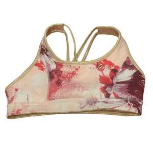 Justice Girls Sports Bra S (7/8) Pink Floral Gold Metallic Strappy Reversible